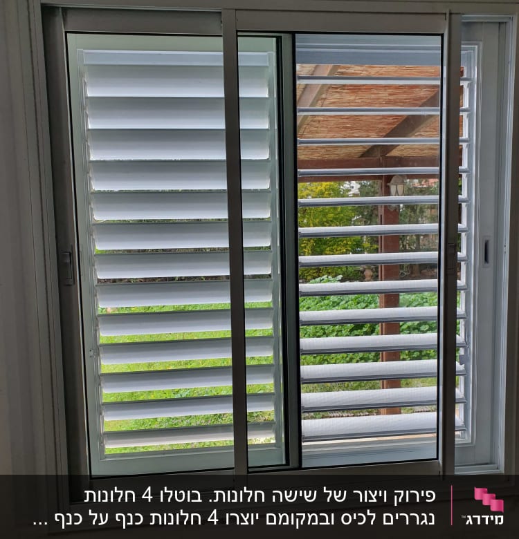חלון אלומיניום עם תריסים אופקיים לבנים